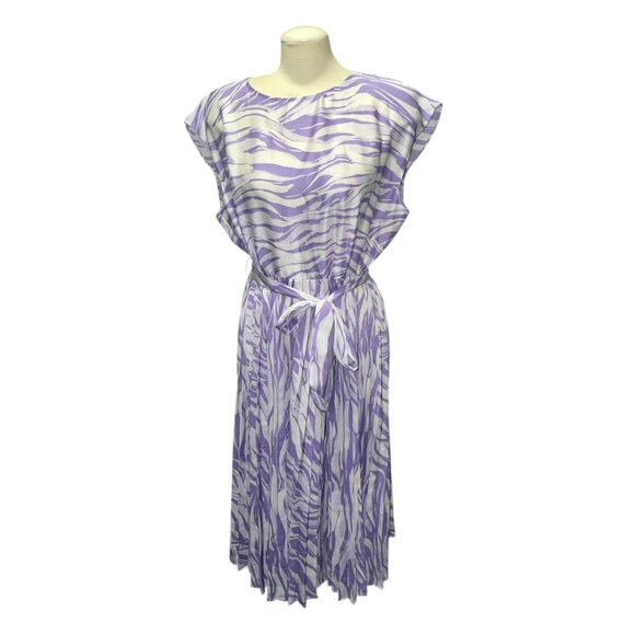 Nine West Womens XL Purple & White Zebra Print Pleated Midi Dress With Waist Tie - Picture 4 of 11